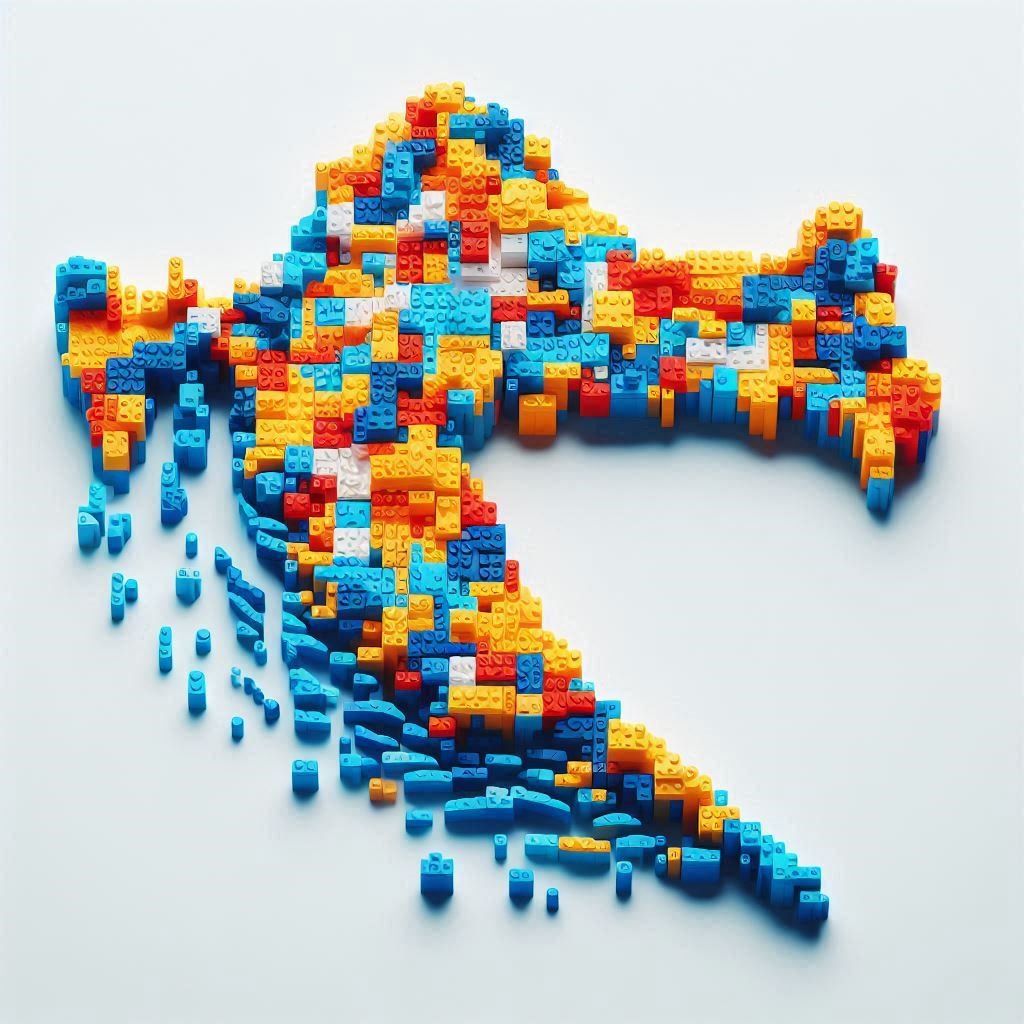 mapa hrvatske prikazana od lego kockica u bojama modra narančasta plava